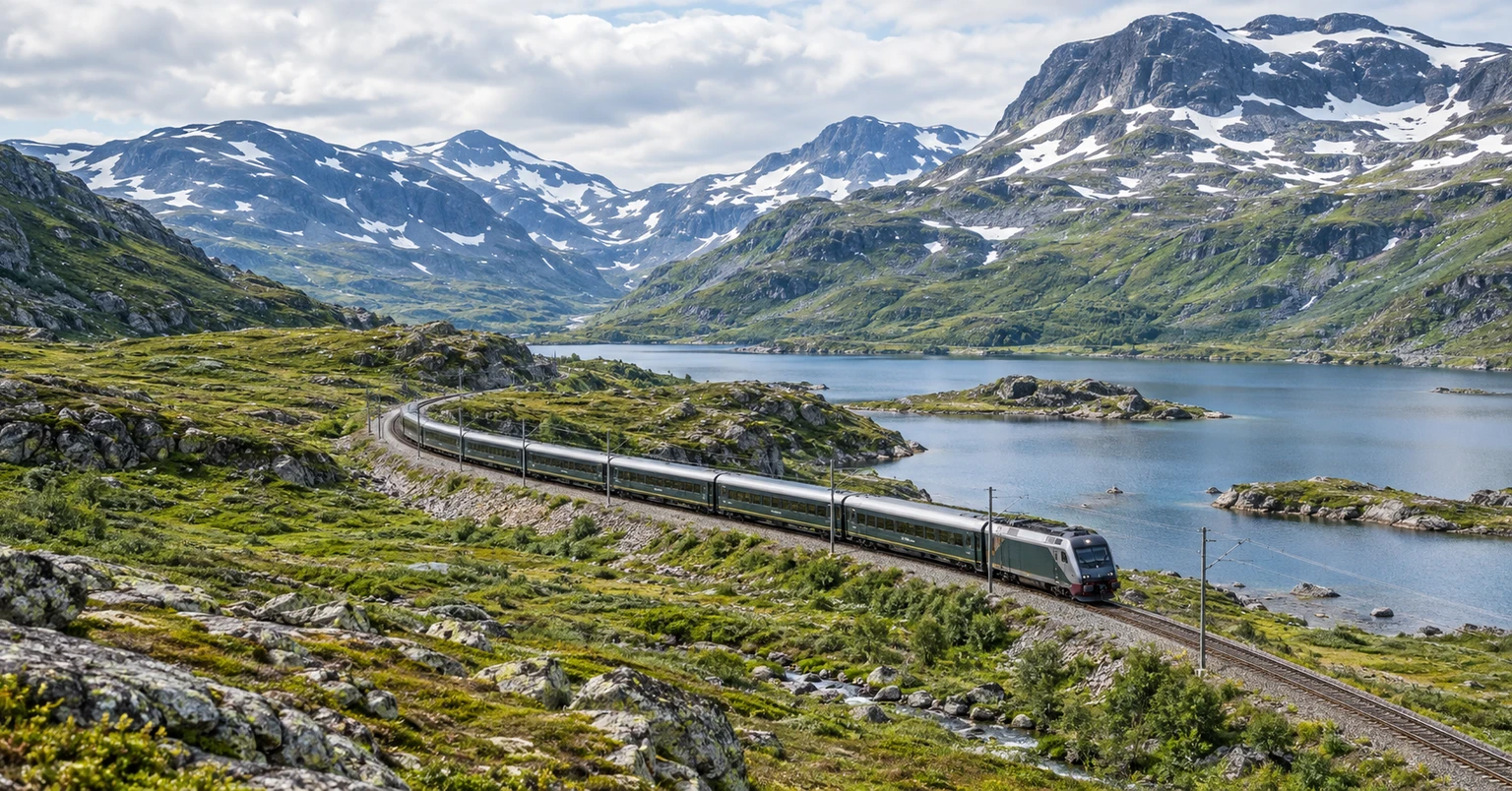 A passenger train crossing Norway's high mountain landscape beside a cold blue lake and lingering snow