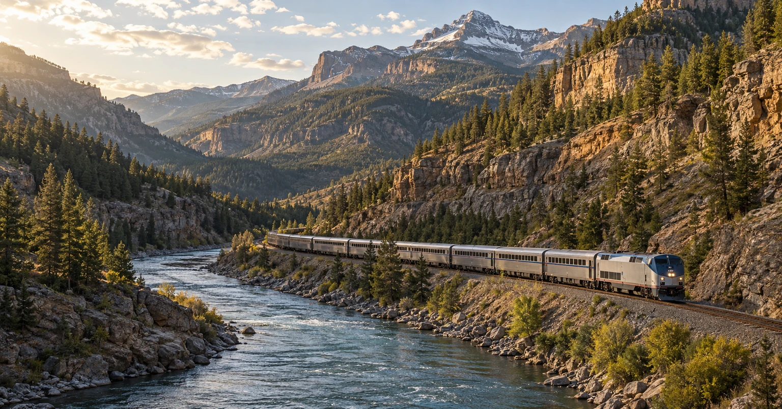 A silver long-distance passenger train following a river through the rugged mountains of the American West