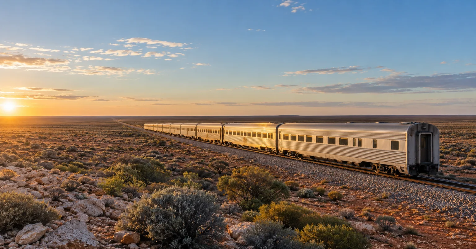 Conceptual editorial image of a silver passenger train crossing open Australian scrubland